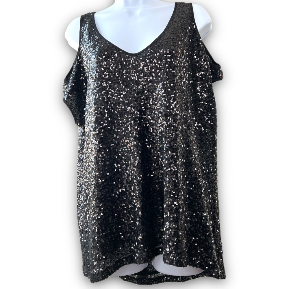 I Jeans By Buffalo Black Sequins Cut Out Shoulder Top Size Medium